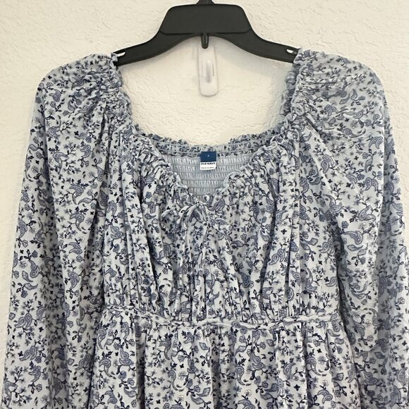 Old‎ Navy Dress Womens S Blue Ditsy Floral L/S Tie Neck Smocked Boho Romantic - Picture 2 of 15
